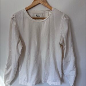 ABLE Cream Long-Sleeve Cotton Tee with Subtle Shoulder Gathers